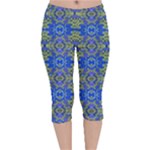 Gold And Blue Fancy Ornate Pattern Velvet Capri Leggings 