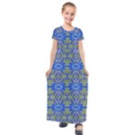 Gold And Blue Fancy Ornate Pattern Kids  Short Sleeve Maxi Dress