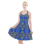 Gold And Blue Fancy Ornate Pattern Halter Party Swing Dress 