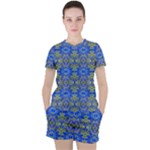 Gold And Blue Fancy Ornate Pattern Women s Tee and Shorts Set