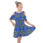 Gold And Blue Fancy Ornate Pattern Kids  Shoulder Cutout Chiffon Dress