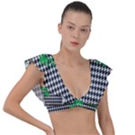 Houndstooth Leaf Plunge Frill Sleeve Bikini Top