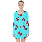 Soda Cans on blue V-neck Bodycon Long Sleeve Dress