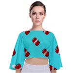 Soda Cans on blue Tie Back Butterfly Sleeve Chiffon Top