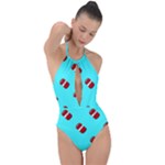 Soda Cans on blue Plunge Cut Halter Swimsuit