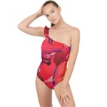 Red Paint Frilly One Shoulder Swimsuit