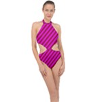 Pink Diagonal Lines Halter Side Cut Swimsuit