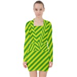 Green Diagonal Lines V-neck Bodycon Long Sleeve Dress