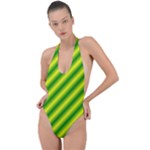 Green Diagonal Lines Backless Halter One Piece Swimsuit