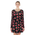 Red Roses Long Sleeve Velvet V-neck Dress