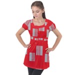 Gray Squares on red Puff Sleeve Tunic Top