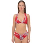 Gray Squares on red Double Strap Halter Bikini Set