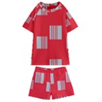 Gray Squares on red Kids  Swim Tee and Shorts Set