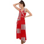 Gray Squares on red V-Neck Chiffon Maxi Dress