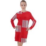 Gray Squares on red Long Sleeve Hoodie Dress