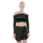 Green Net on black Off Shoulder Top with Mini Skirt Set