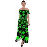 We are WATCHING you! Aliens pattern, UFO, faces Off Shoulder Open Front Chiffon Dress