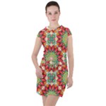 Red Green Floral Pattern Drawstring Hooded Dress