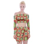 Red Green Floral Pattern Off Shoulder Top with Mini Skirt Set