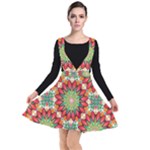 Red Green Floral Pattern Plunge Pinafore Dress