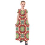 Red Green Floral Pattern Kids  Short Sleeve Maxi Dress