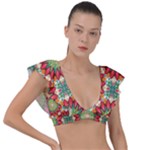 Red Green Floral Pattern Plunge Frill Sleeve Bikini Top