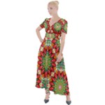 Red Green Floral Pattern Button Up Short Sleeve Maxi Dress