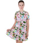 Painted Flowers Short Sleeve Shoulder Cut Out Dress 