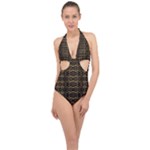 Luxury Golden Oriental Ornate Pattern Halter Front Plunge Swimsuit