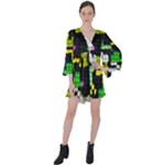 Drawn squares                                                       V-Neck Flare Sleeve Mini Dress
