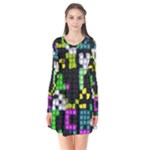 Drawn squares                                                    Long Sleeve V-neck Flare Dress
