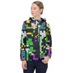 Drawn squares                                                     Women Hooded Front Pocket Windbreaker