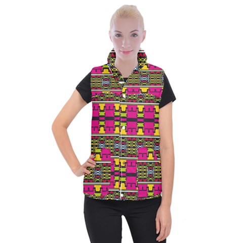 Pink yellow green shapes                                                    Women s Button Up Puffer Vest from ArtsNow.com