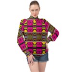 Pink yellow green shapes                                                     High Neck Long Sleeve Chiffon Top