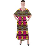 Pink yellow green shapes                                                          V-Neck Boho Style Maxi Dress