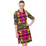Pink yellow green shapes                                                          Long Sleeve Mini Shirt Dress