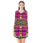 Pink yellow green shapes                                                      Long Sleeve V-neck Flare Dress