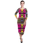 Pink yellow green shapes                                                         Quarter Sleeve Midi Velour Bodycon Dress