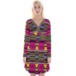 Pink yellow green shapes                                                          Long Sleeve Front Wrap Dress