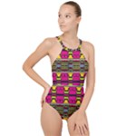 Pink yellow green shapes                                                      High Neck One Piece Swimsuit