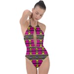Pink yellow green shapes                                                       Plunge Cut Halter Swimsuit