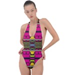 Pink yellow green shapes                                                      Backless Halter One Piece Swimsuit