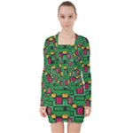 Rectangles on a green background                                                           V-neck Bodycon Long Sleeve Dress
