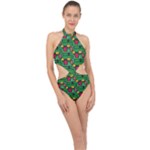 Rectangles on a green background                                                       Halter Side Cut Swimsuit