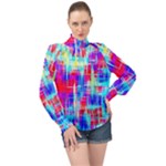 Red blue messy stripes                                                       High Neck Long Sleeve Chiffon Top