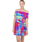 Red blue messy stripes                                                       Off Shoulder Chiffon Dress