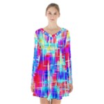 Red blue messy stripes                                                         Long Sleeve Velvet V-neck Dress
