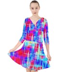 Red blue messy stripes                                                           Quarter Sleeve Front Wrap Dress