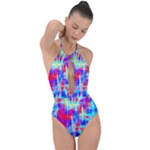 Red blue messy stripes                                                         Plunge Cut Halter Swimsuit