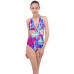 Red blue messy stripes                                                         Halter Front Plunge Swimsuit